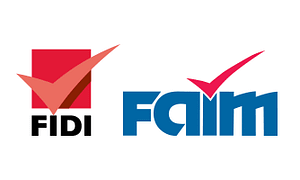 Official red and black FIDI checkmark logo alongside a blue and red FAIM logo