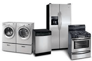 Chrome colored washer, dryer, oven, stove, dishwasher and fridge