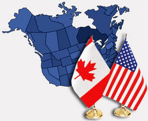 North American provinces and states highlighted in blue and a Canadian and American flag