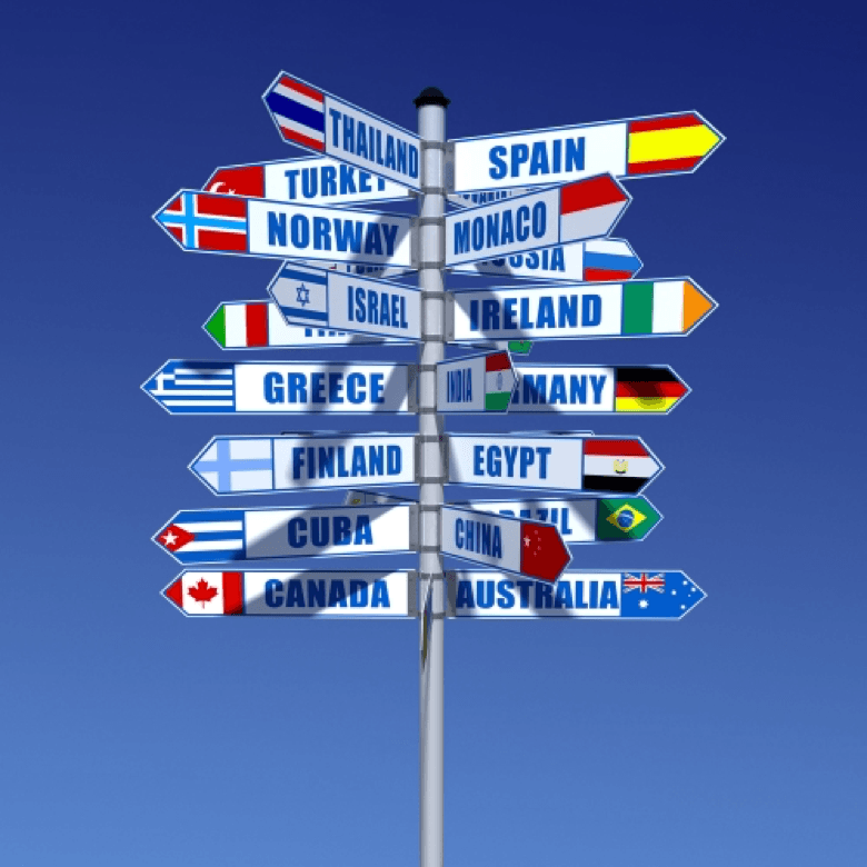 White sign-post with multiple countries pointing in different directions