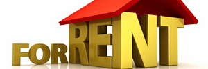 Graphics of For Rent written in gold lettering and a red roof