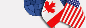 North American provinces and states highlighted in blue and a Canadian and American flag