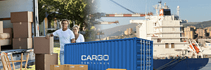 Young couple in are next to a moving truck and boxes, blue cargo container, using a boat to transport their belongings