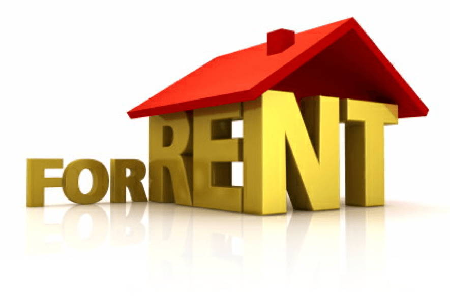 Graphics of For Rent written in gold lettering and a red roof